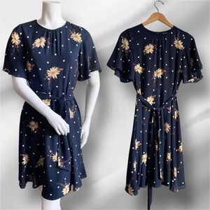 Banana Republic Aline Floral Navy Dress Belted Butterfly Sleeves Modest Coquette
